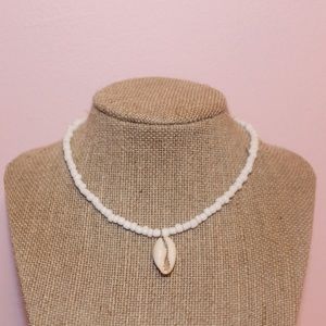 White cowrie shell seed bead choker necklace